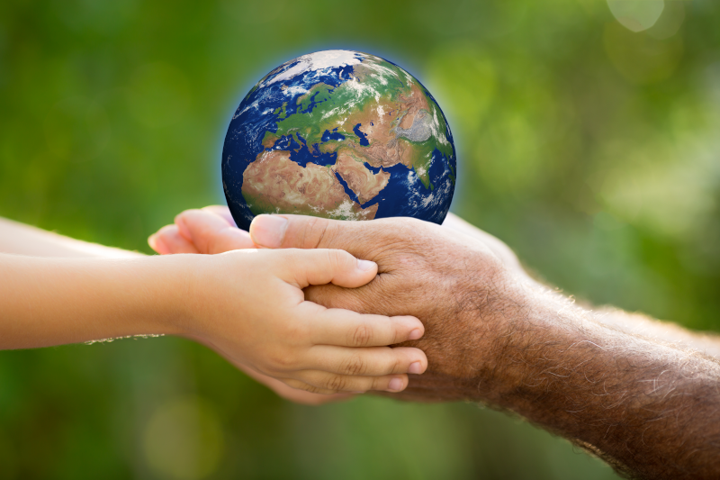 Man and kid holding the planet, 800 Regenerate planet -perfectly here 2042 vision